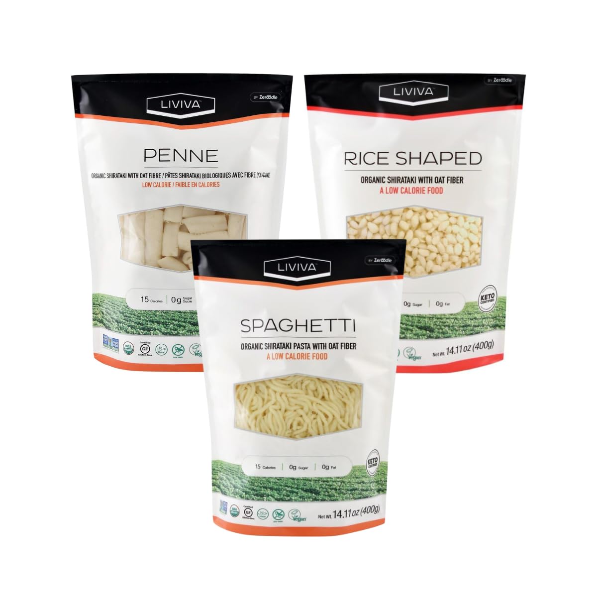 LIVIVA Pasta Shirataki Keto Variedad Pack (Rice, Spaghetti, Penne)