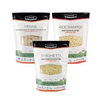 LIVIVA Low Carb Shirataki KETO Variety Pk Noodle Pasta 1 Rice 1 Spaghetti 1 Penne Diabetic Friendly - Certified Keto, Gluten Free, Non-GMO, Organic, Halal, Kosher, Plant-Based Ready to Serve in minutes