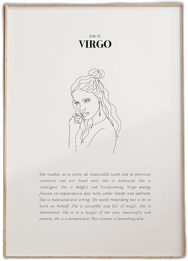 She Is Virgo print artwork for wall decor featuring a minimalist Virgo zodiac illustration, astrology star sign poster ideal gift for astrology lovers and horoscope enthusiasts
