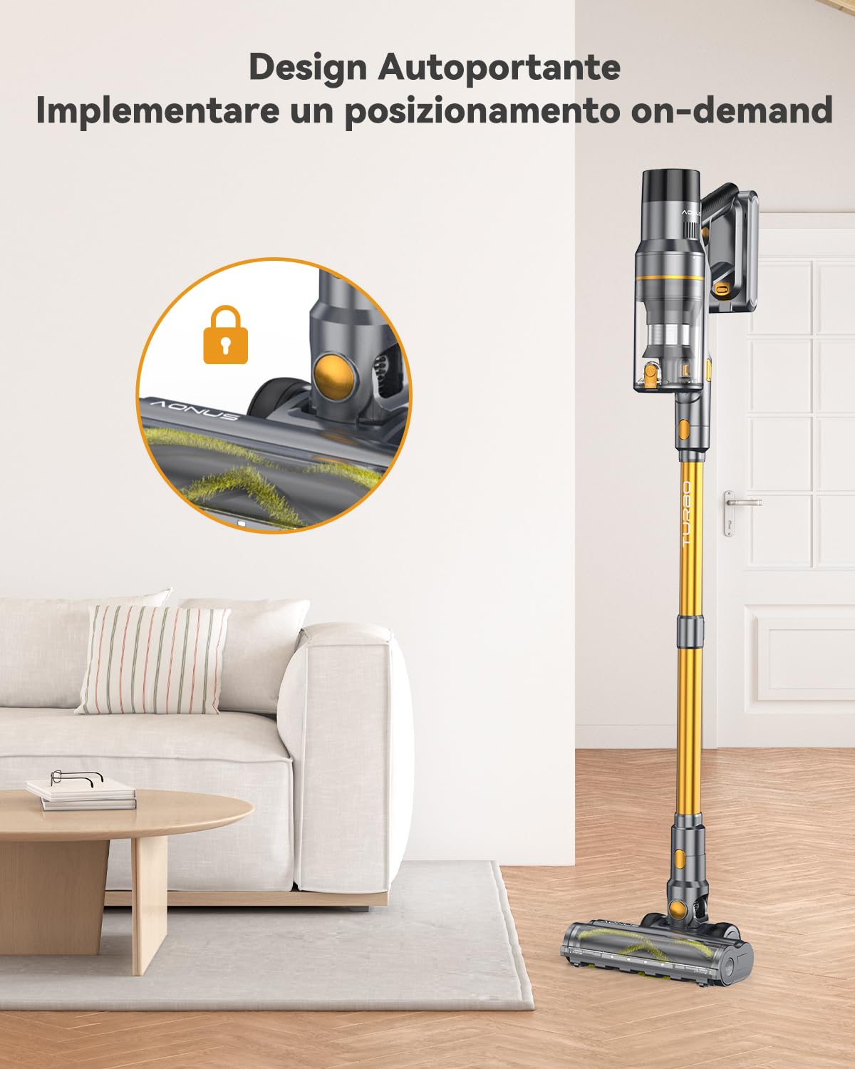 aonus A9S 45Kpa/580W/70Mins Aspirapolvere senza Fili, Scopa Elettrica senza Fili Potente con Autoportante, LED Touchscreen, Anti-Avvolgimento per Peli Animali/Pavimento/Tappeti