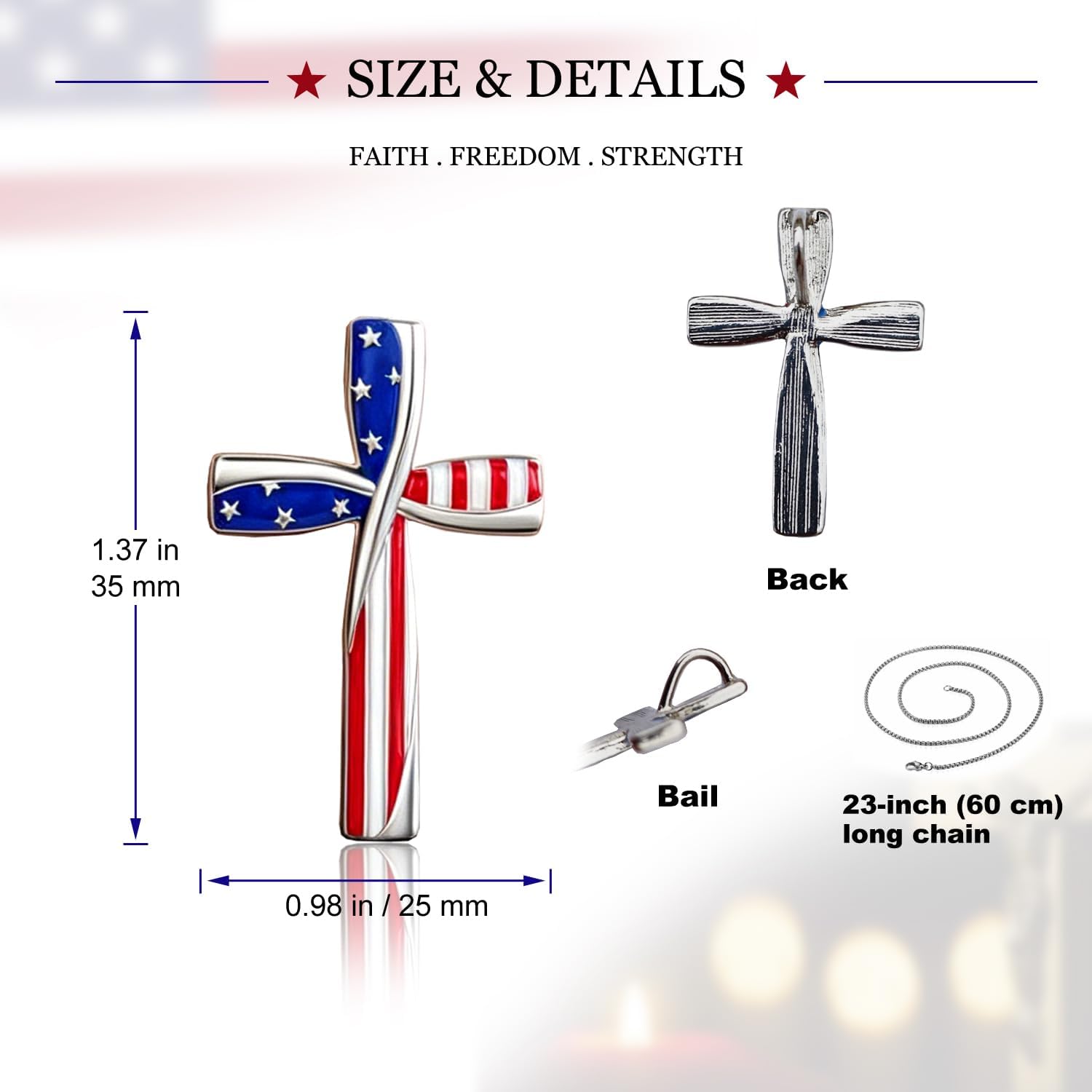 Patriotic Cross Pendant Necklace for Men, 4th of July Independence Day Jewelry, American Flag Small Prayer Cross Pendant