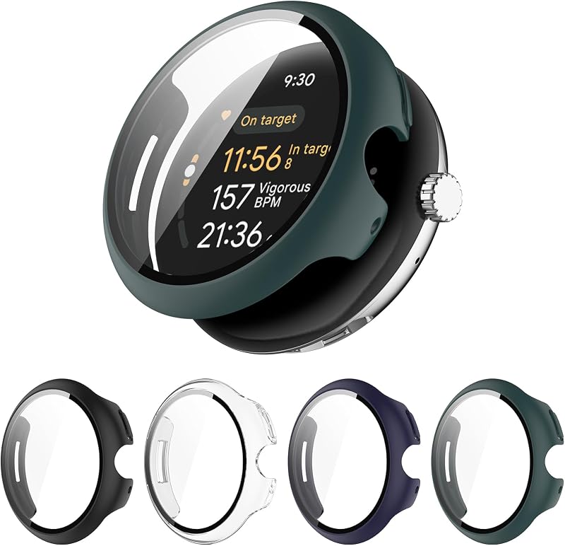 4 Pack Hard PC Screen Protector Case Compatible with Google Pixel Watch 1/2/3 41mm, with 9H Tempered Glass Screen Protector, Slim Cover for Pixel Watch 3 2 1 41mm