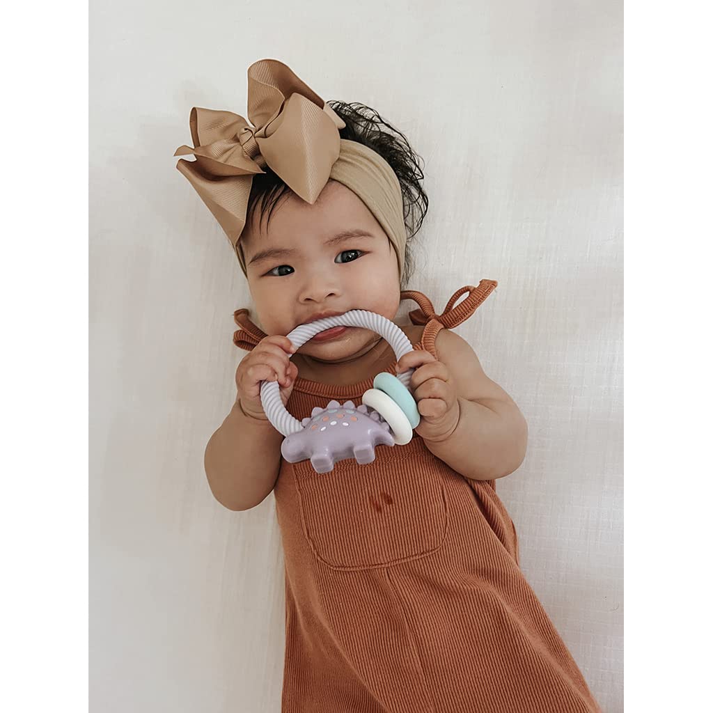 Itzy Ritzy Silicone Teether with Rattle, Features Rattle Sound, Two Silicone Rings and Raised Texture to Soothe Gums, Ages 3 Months and Up, Purple Dinosaur