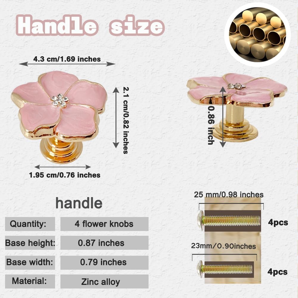 4 pcs Petal Knob Handle Unique Zinc Alloy Flower Shape Single Hole Knob Handle for Cabinets,Drawers, Wardrobes Furniture Decoration(Pink)