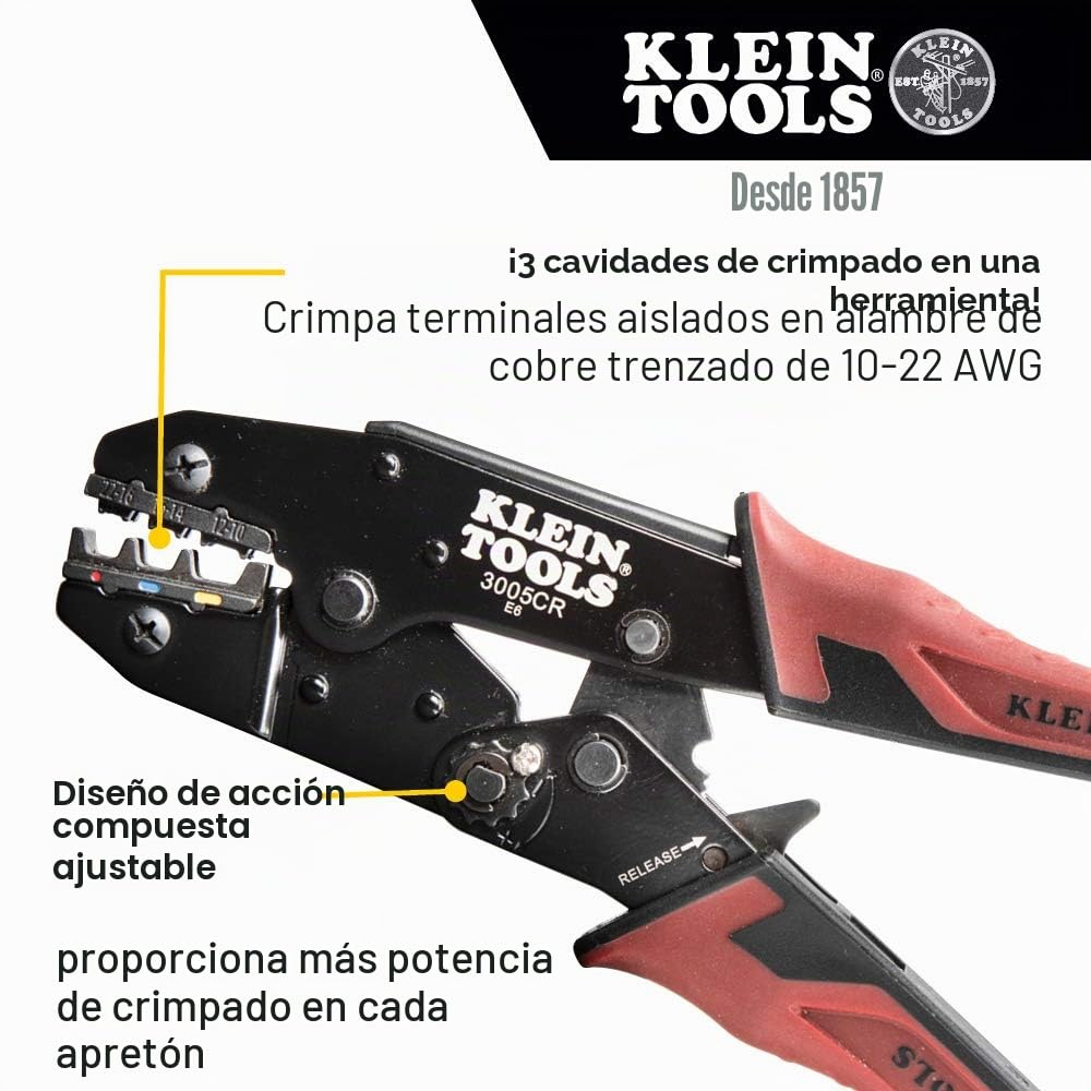 Klein Tools 3005CR - Crimpadora de cables con terminal aislado de trinquete para cable y cable de cobre de 10 a 22 AWG