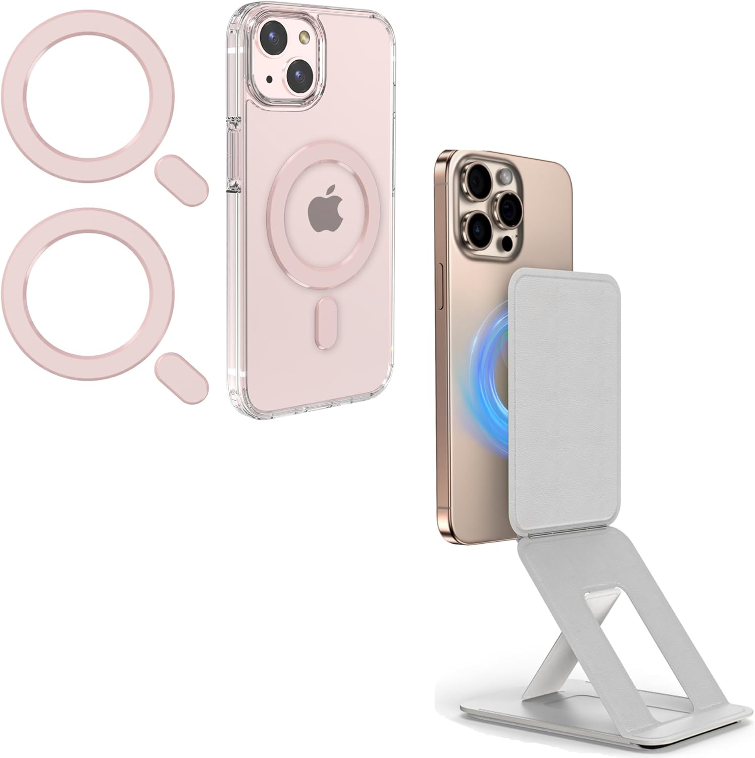 Universal MagSafe Ring 2 Pack + Grey MagSafe Phone Tripod Wallet, Magnetic Phone Tripod Stand Compatible with iPhone 16/15/14/13/12 Series