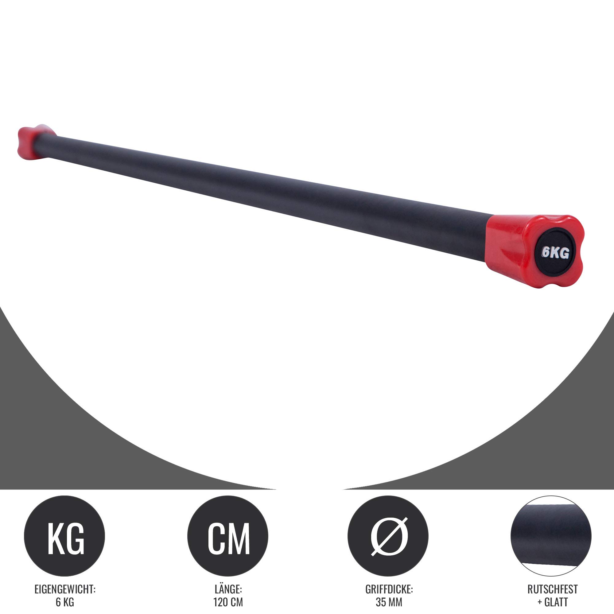 GORILLA SPORTS® Gewichtsstange - 1kg, 2kg, 3kg, 4kg, 5kg, 6kg, 7kg, 8kg, 9kg, 10kg Gewicht, mit/ohne Ablage, rutschfest, gummiert, Stahl - Langhantelstange, Weighted Bars, Aerobic Bar, Krafttraining