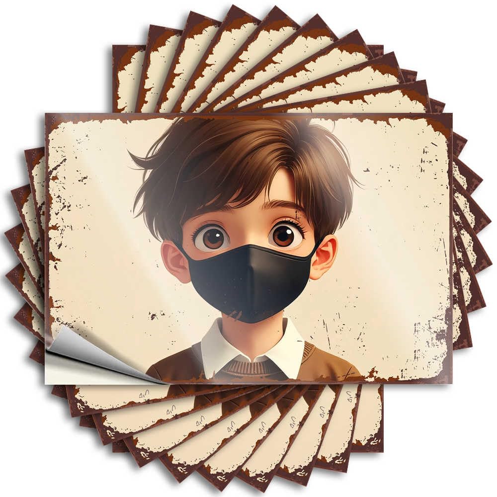 Fzfn Boys Colour Adorable With Mask In Vintage Frame Coastal Funny Stuff - Lettering Sticker Laptop Removable Vinyl Decal(12X18cm)