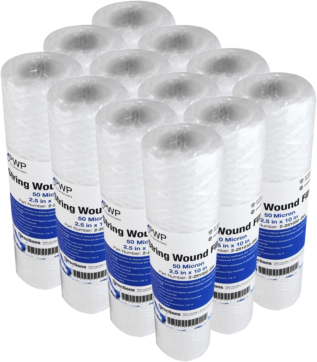 String Wound Sediment Water Filter Cartridge Standard 2.5x10" 50 Micron 12 Pack