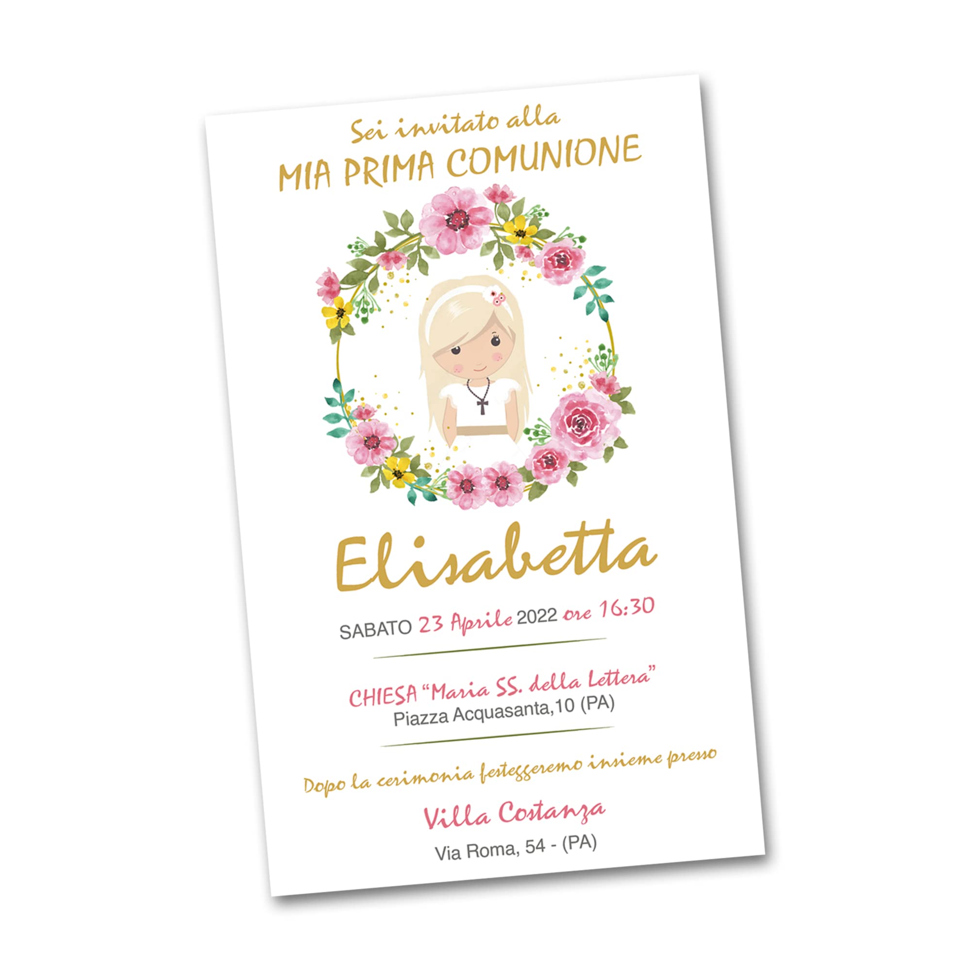 PRINTSERVIS Bigliettini Inviti Prima Comunione bimbo/bimba, Grafica a Scelta, personalizzati con Nome e Data Stampati su cartoncino 300g/m 95x150mm. (Inviti per Femina)