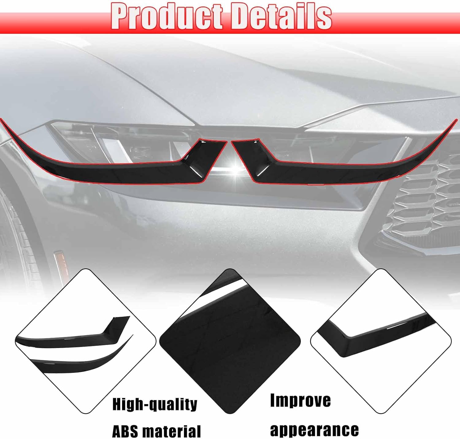 A Pair Front Headlight Eyebrow Trim Cover for Ford Mustang S650 Ecoboot 2024-2025 ABS Plastic Add On (Glossy Black)
