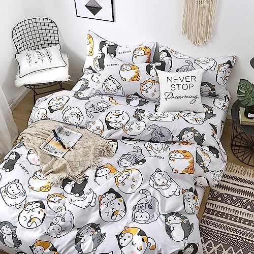Cartoon Duvet Cover Twin Size, 3 Pieces Soft Lightweight Microfiber Duvet Cover Set, Cute Cartoon Cat Bedding Comforter Cover Set With Zipper Ties, 1 Duvet Cover And 2 Pillowcases, No Comforter #TOP2