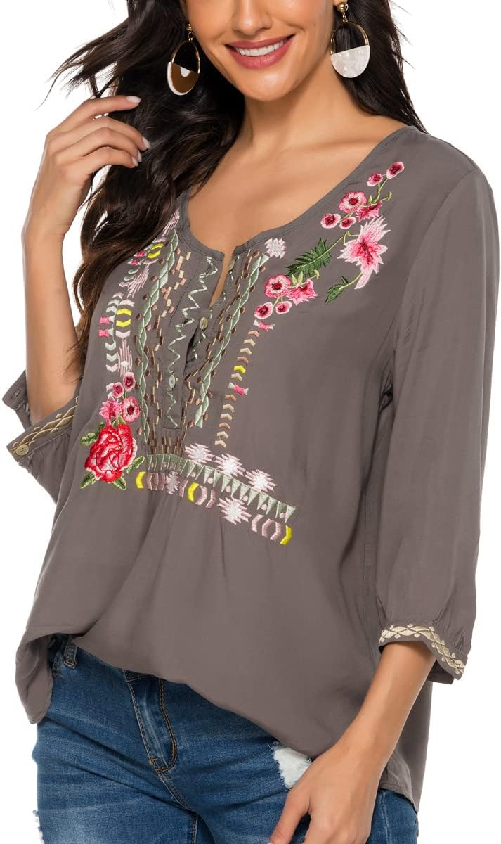 AKWomen's Boho Embroidered Tops 3/4 Sleeve Mexican Peasant Shirts Bohemian Loose Tunic Blouses