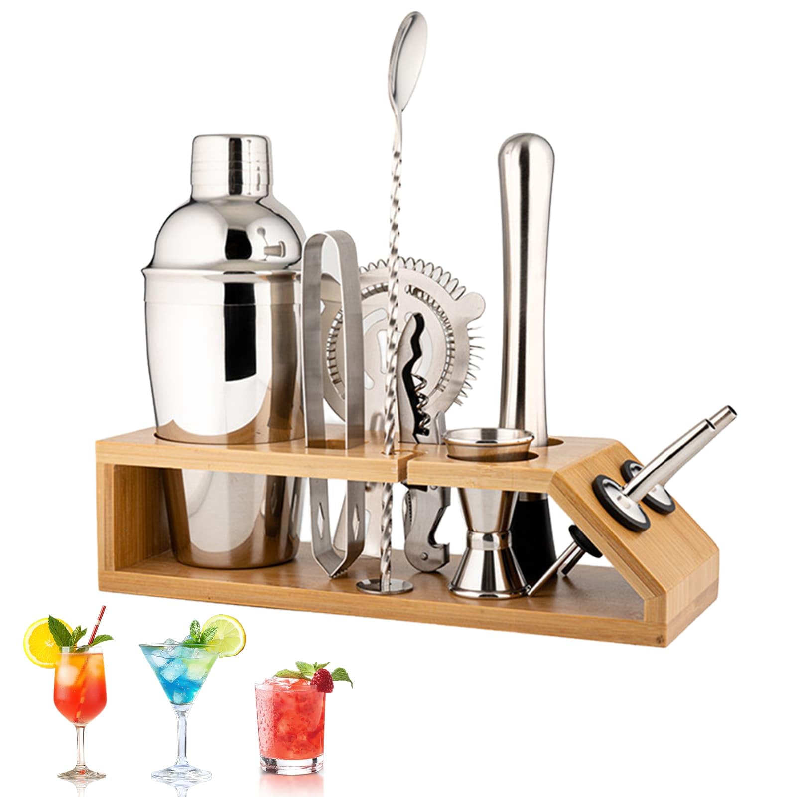 11 Pieces Cocktail Shakers Set, 750ml Stainless Steel Bartender Kit Barware Set with Wooden Stand, Bar Tool for Bartender Home Bar Gift Mens Christmas Birthday Anniversary Weeding Gift