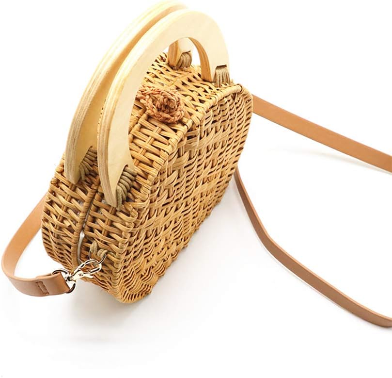 Hand-Woven Round Rattan Wooden Handle Tote Bag Summer Beach Straw Crossbody Bag Shoulder Bag with Adjustable Removable Leather Shoulder Strap
