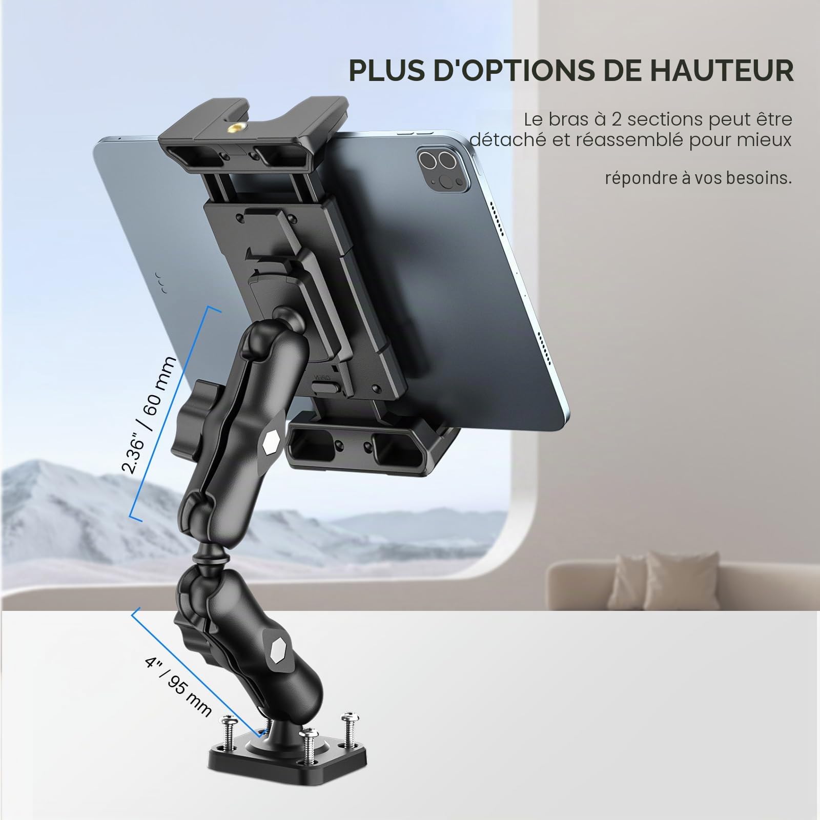 OHLPRO Support Tablette Voiture, Accroche iPad Voiture Tableau de Bord avec 5" - 13" iPad Air Pro Mini Galaxy Tab S9 Kindle Fire Switch, Idéal pour de Bord ou de Camion ou de Bureau Réglage à 360°