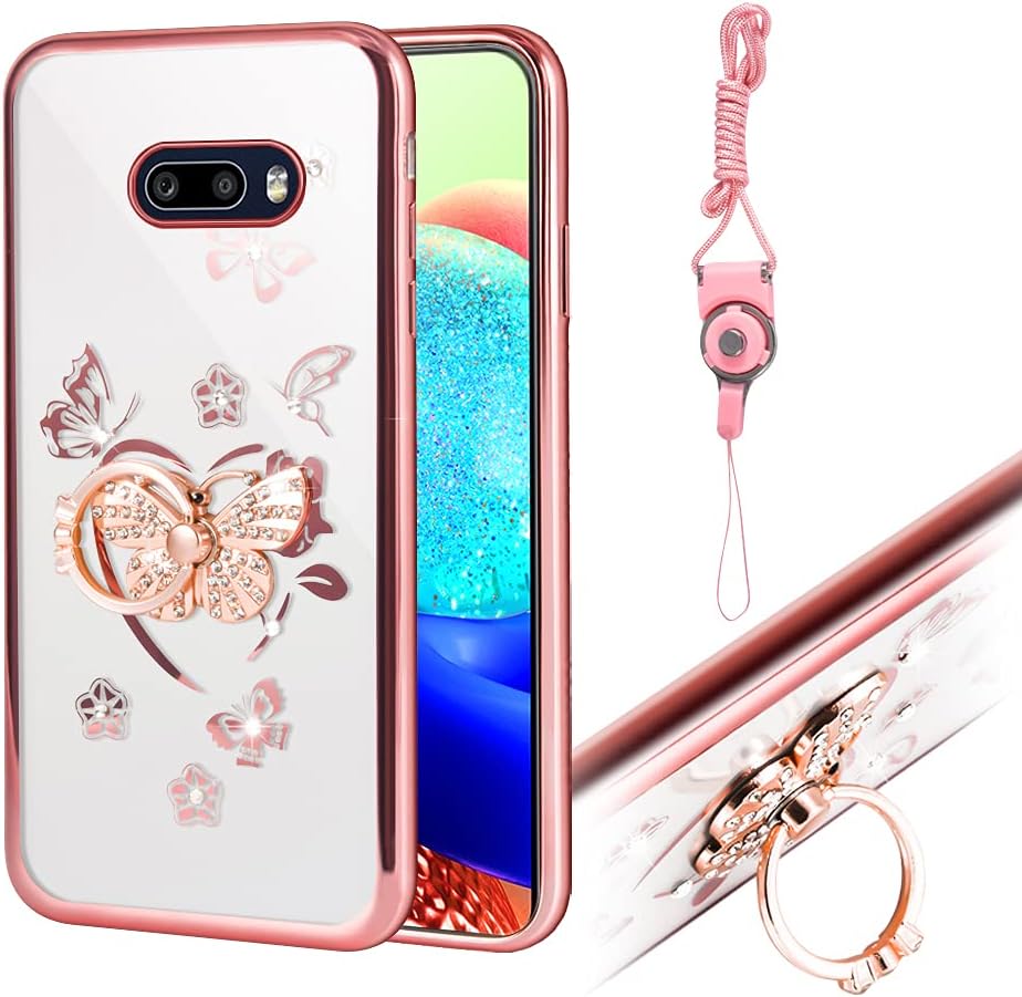for LG G8X Thinq Case,LG V50S Thinq Case, Flash Iris Series Thin Luxury Shiny Rhinestone Transparent TPU Case with Butterfly Diamond Ring Stand -Rose Gold