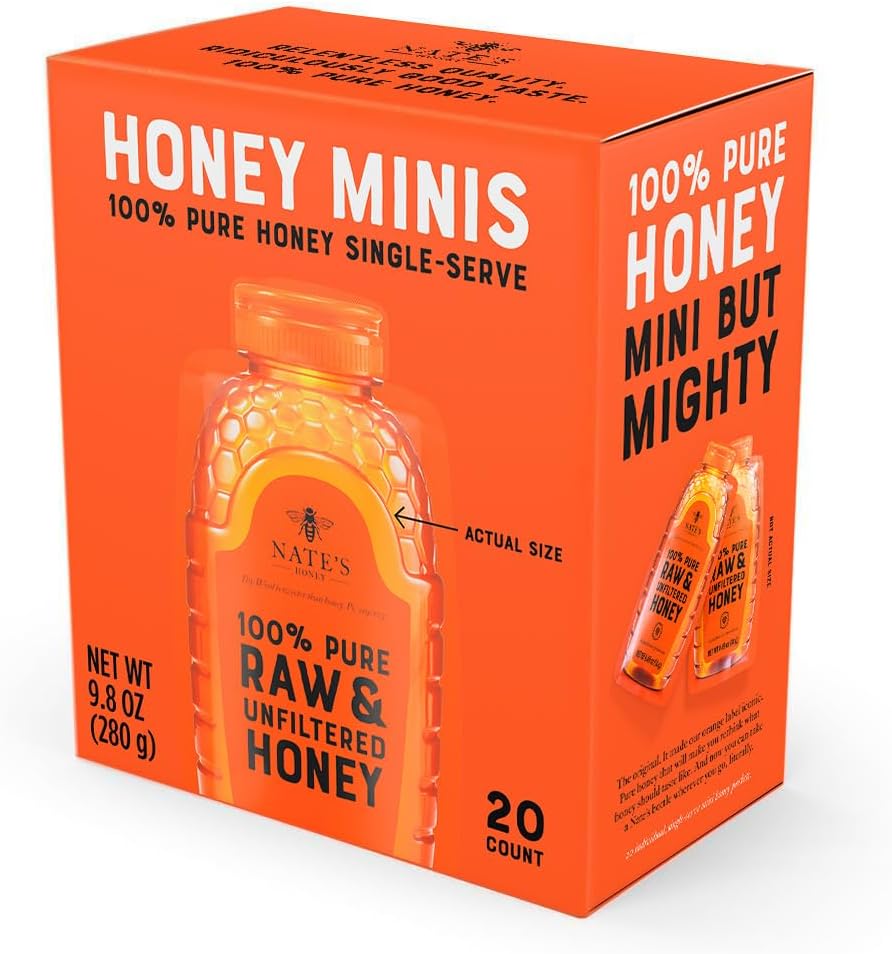 Nate's Honey Minis - Single-Serve 100% Pure, Raw & Unfiltered Honey – 0.49oz Packets, 20ct Box