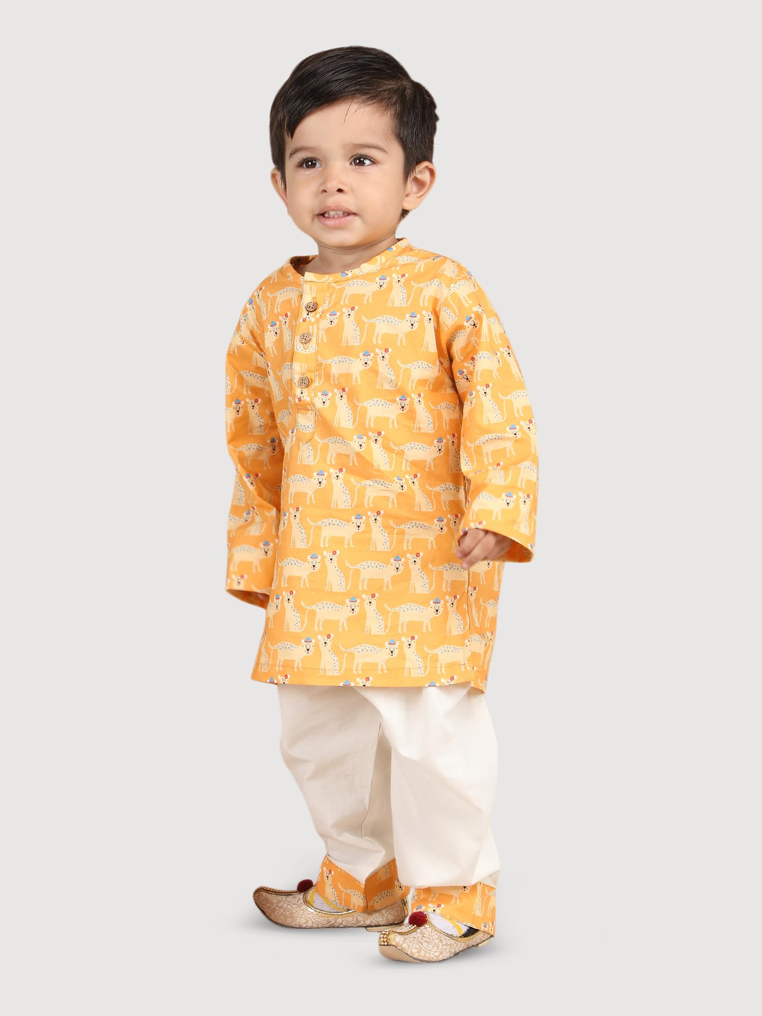 POLKA TOTS Cotton Full Sleeve Night Wear Kurta Payjama For Baby Kid - Yellow - 6-9 M - Image 3 thumbnail