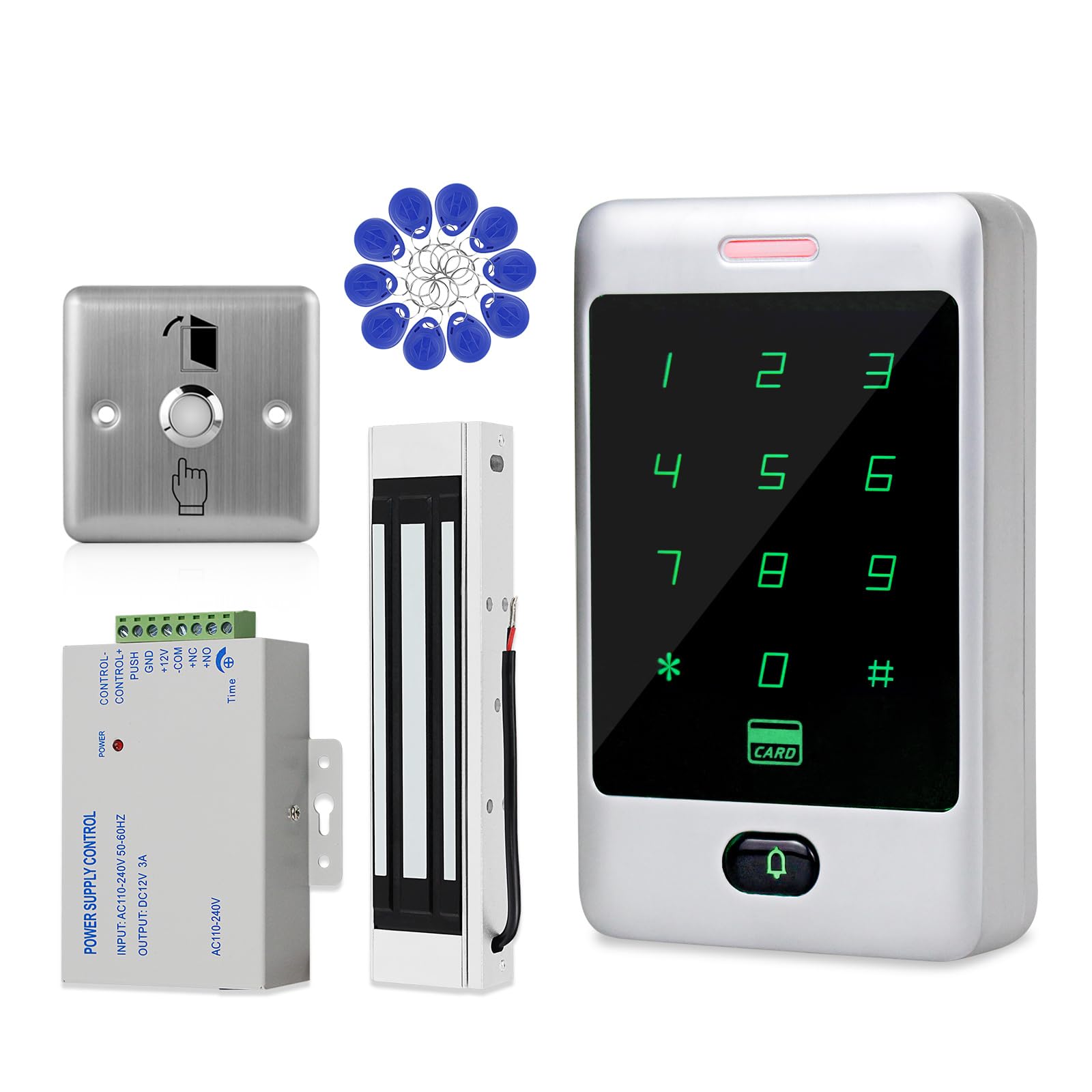 ReaIOKbii Standalone Access Control System Kit RFID Keypad Touch Metal Keypad Door Card Reader 180KG/350LBs Magnetic Lock Stainless Steel Exit Button 10 ID Keychains