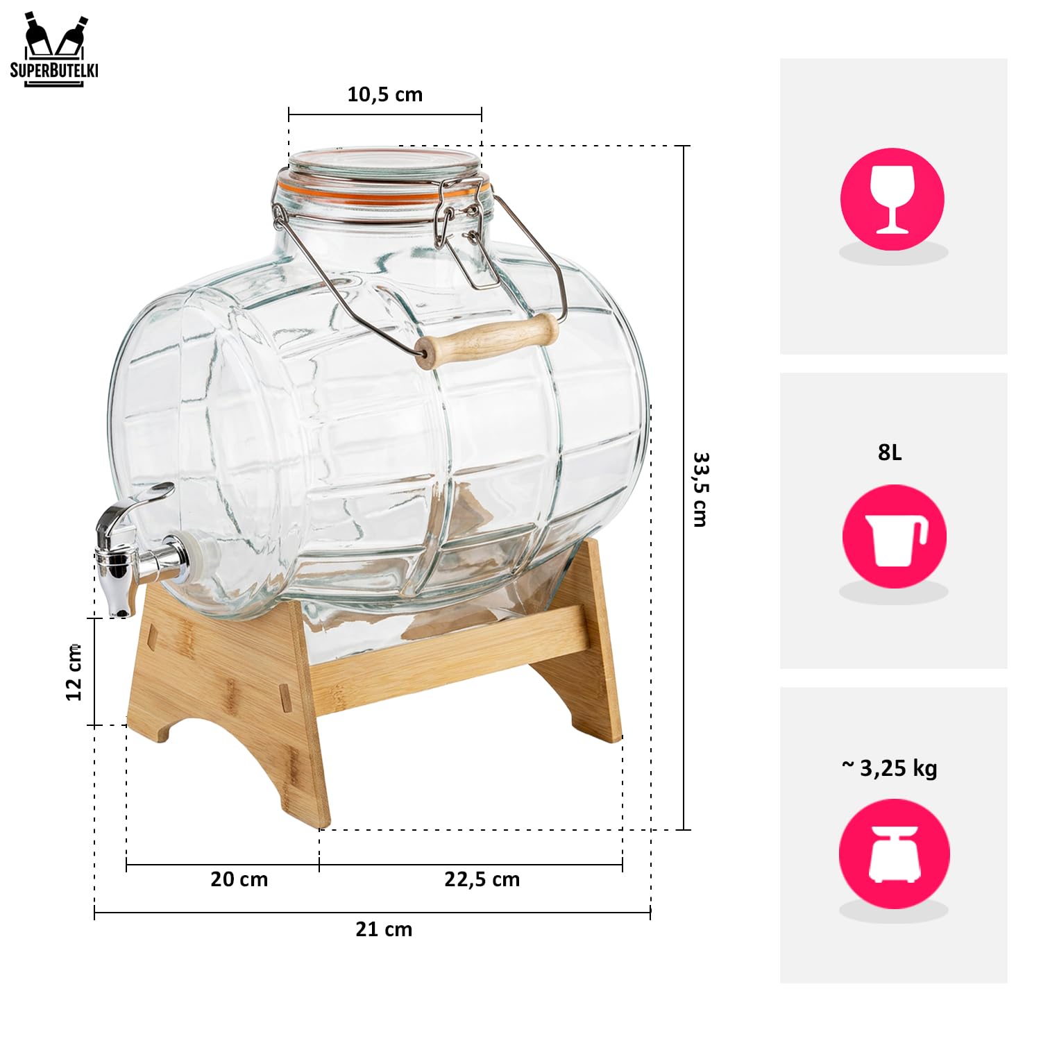 botte in vetro con rubinetto (supporto in legno, 8 l)