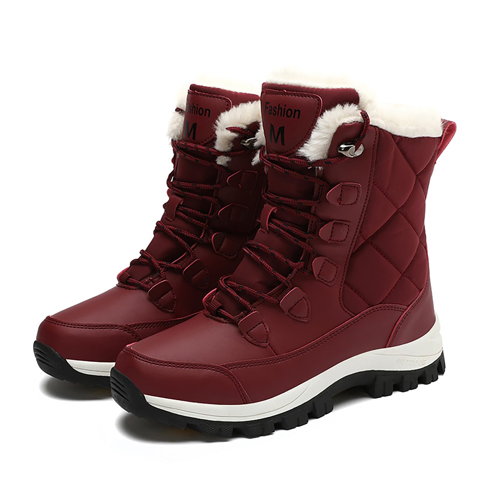 Snow Boots Women Winter Warm Fur Lined Snow Boots Cuffed Fur Collar Anti-Slip Mid Calf Boots Outdoor Insulated