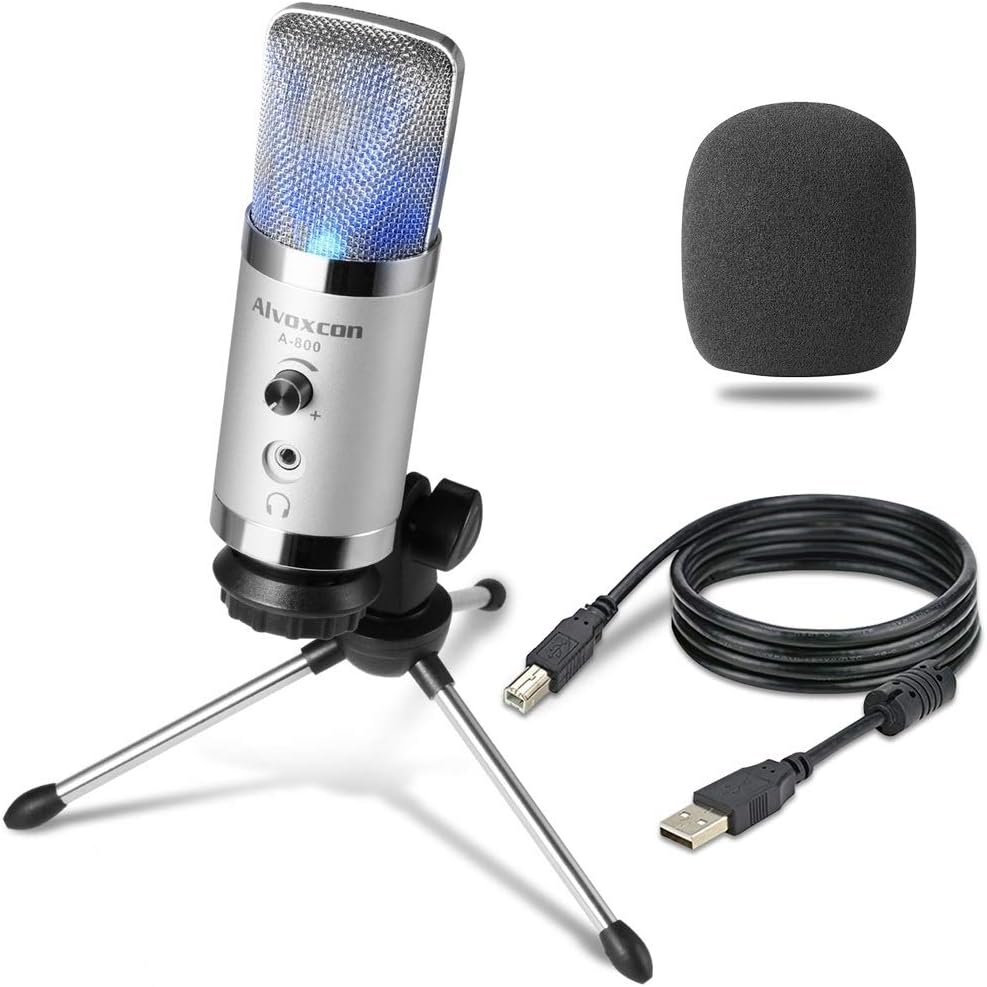 Alvoxcon USB Microphone Computer Mic with Headphone Monitor Jack for Mac & Windows PC, Laptop, Podcasting, Studio Recording, Steaming, Twitch, Voiceover, PS4 Gaming, YouTube Video,with Desktop Stand