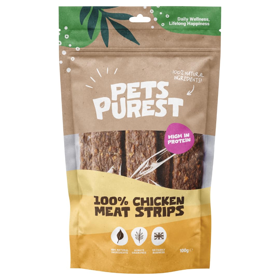 Pets Purest Chicken Strips, Air-Dried Chicken Dog Treats - 100% Natural, Grain Free, Low Fat, Raw Dog Treats Suitable for Puppy & Senior - 100g