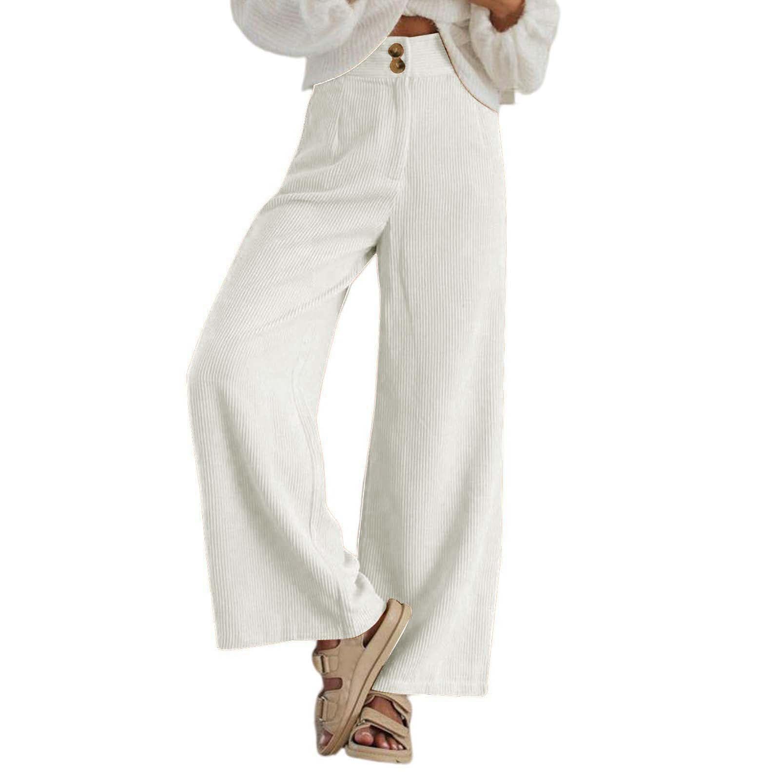 Corduroy Pants for Women 2026 Trendy High Waisted Double Buttoned Wide Leg Pants Casual Stretchy Loose Comfy Trousers