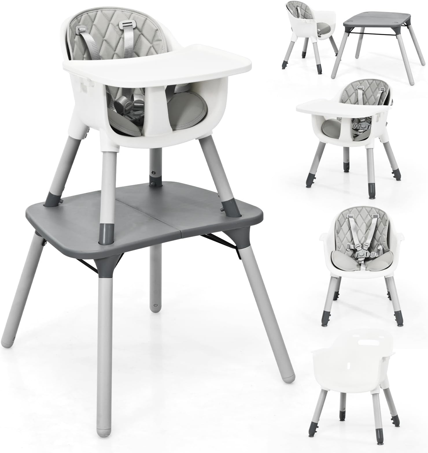 Maxmass Baby Highchair, Convertible Infant High Chair with 5-Point Harness and 2-Positions Adjustable & Removable Tray, Baby Dining Chair for 6-36 Months Babies & Toddlers (Grey)