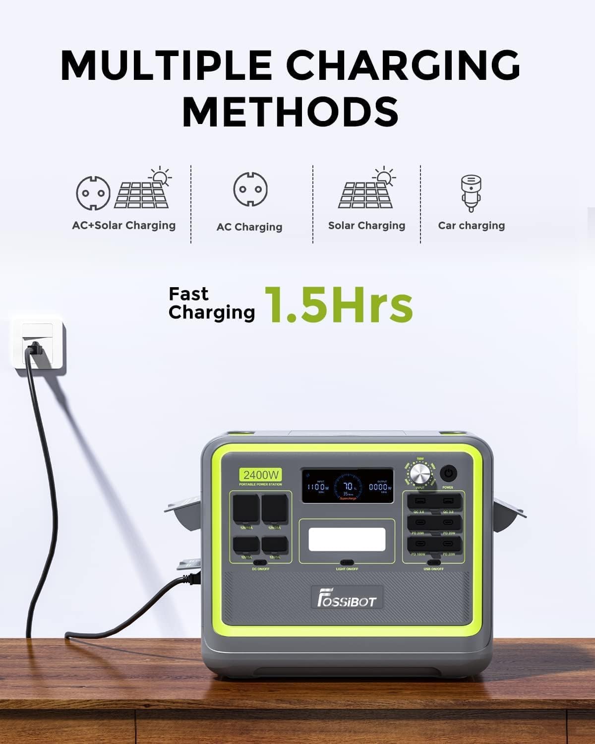 FossiBot F2400 Powerstation 2040 Wh con pannelli solari 2 × 200 W, generatore LiFePO4 con uscite AC da 2400 W (picco 4800 W), accumulatore di emergenza per campeggio