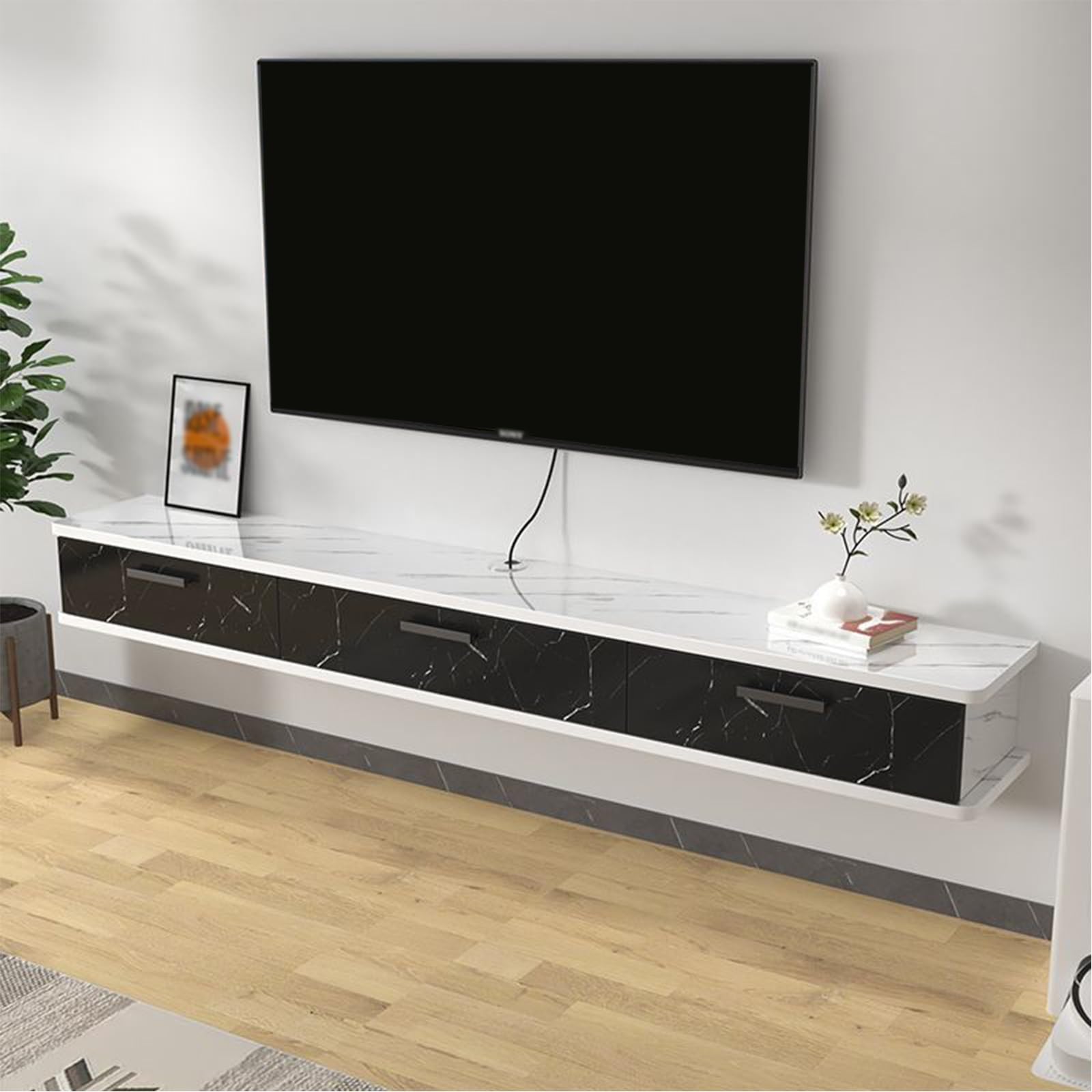Schwebender TV-Ständer Regal, Wandhalterung, lange TV-Konsole mit Klapptür, stilvolle Wandaufbewahrung für Wohnzimmer, schwarze Streifen, 180 x 22 x 20 cm