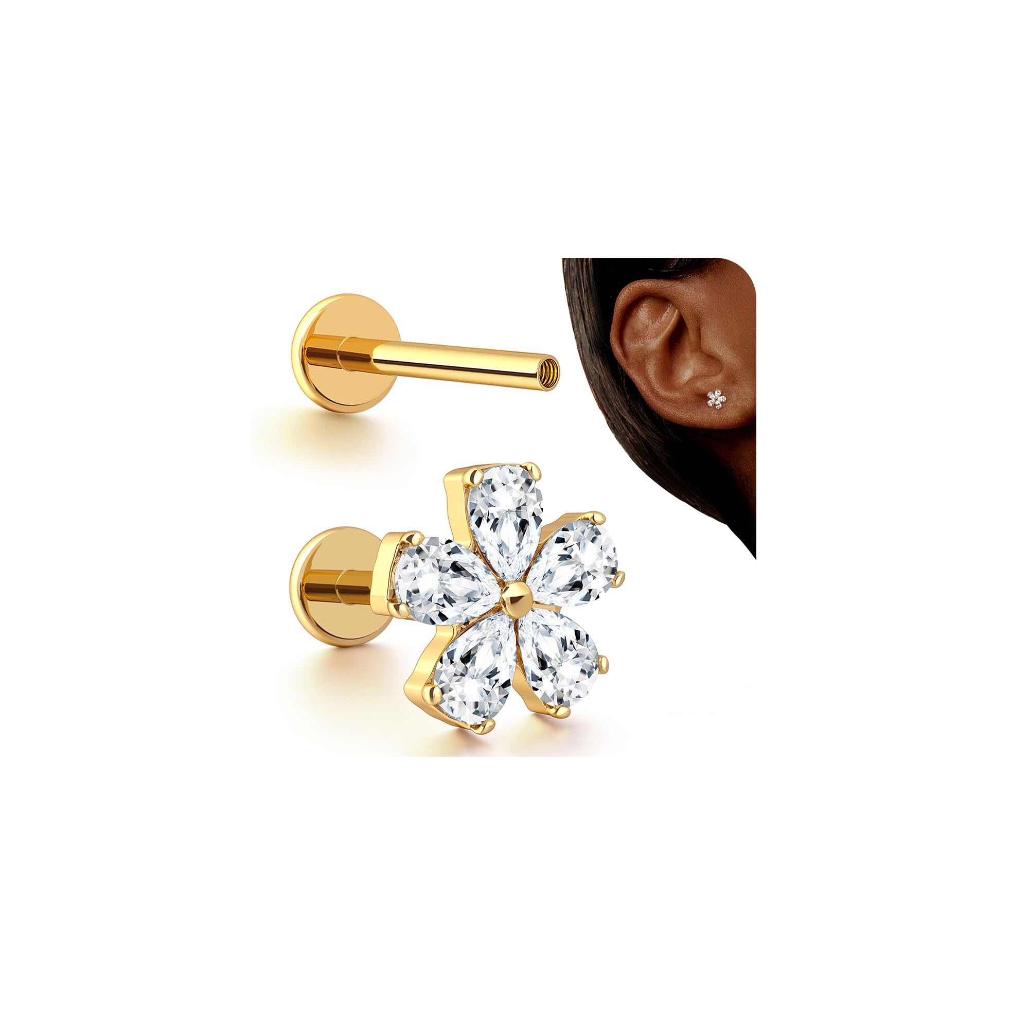 BodyBonita 16G Stud Earrings Flat Back - G23 Titanium Internal Thread Cartilage Earrings for Women Hypoallergenic CZ Stud Piercing Jewelry Tragus/Nose