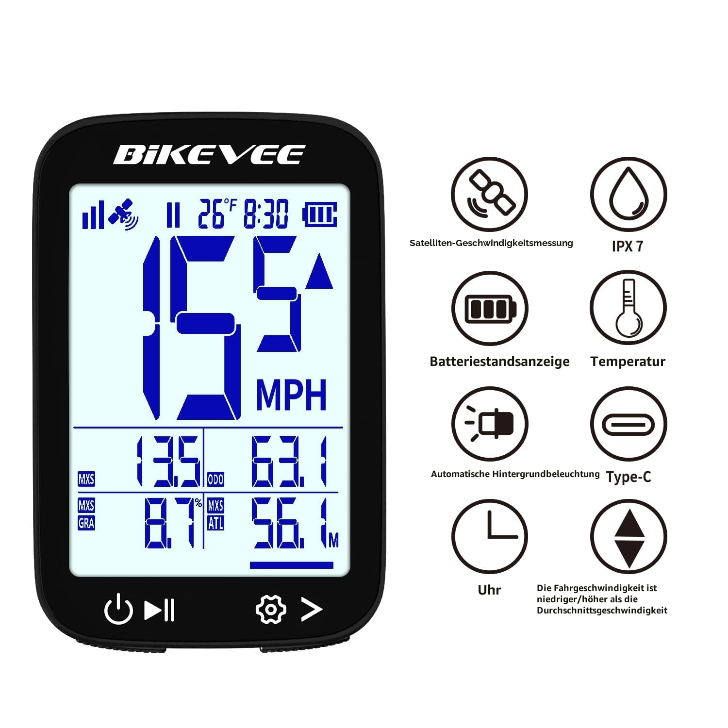 GPS Fahrradcomputer Kabellos Wasserdicht 2.4 Zoll FSTN Display IPX7 28h Akkulaufzeit Leichtes Fahrrad Tacho mit Geschwindigkeit Distanz Höhe Temperatur Gradient