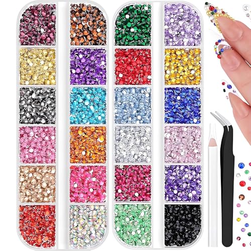 ZBYMOTW ラインストーン ネイルラインストーン 24色 ラインストーン ネイルアート 大容量 2/3mm ジュエリー デコパーツ ネイルデコレーション ハンドメイド素材 手芸パーツ DIY ネイルを飾て ピンセット付きとポイントドリルペン付きの商品画像（Amazon）