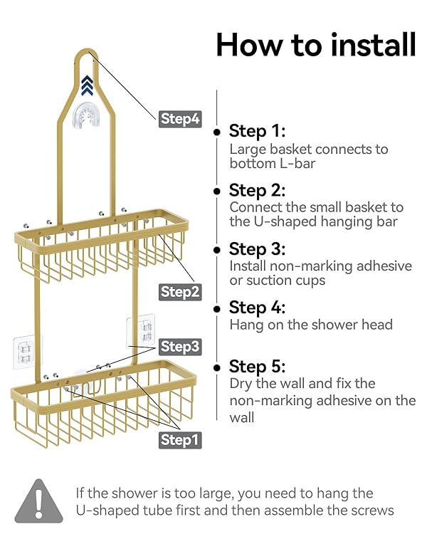 YASONIC Shower Caddy Hanging, Never Rust Shower Organizer Hanging, Aluminum Shower Racks for Inside Shower with Hooks for Razor, Bathroom Organizers and Storage with Soap Holder, Gold by YASONIC - Image 8