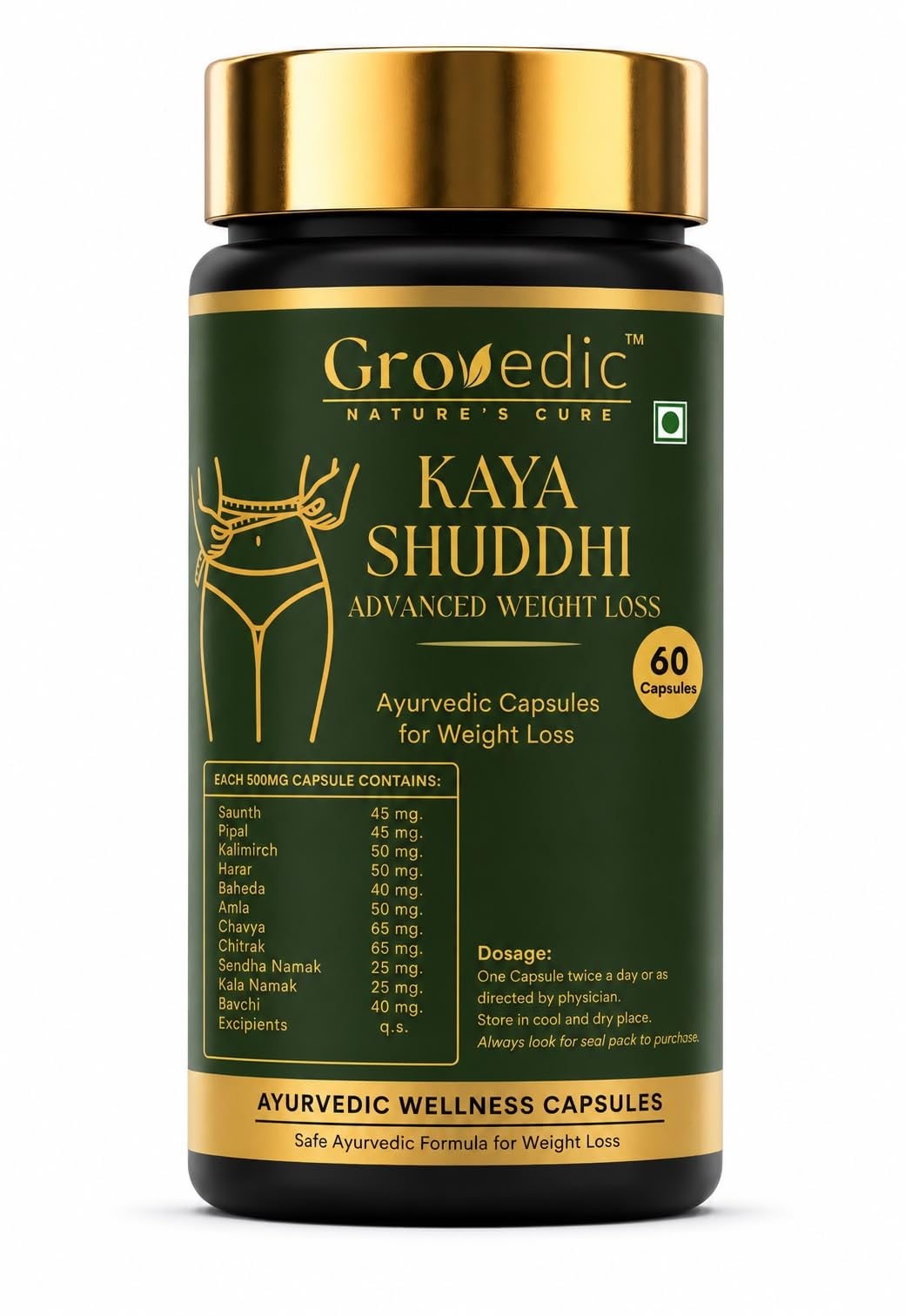 Grovedic Kaya Shuddhi Advanced Ayurvedic Wellness Capsules | Herbal Weight Management Supplement | Ayurvedic Formula & Traditional Herbs | Supports Healthy Metabolism & Active Lifestyle | 60 Vegetarian Capsules-pack 2-image-2