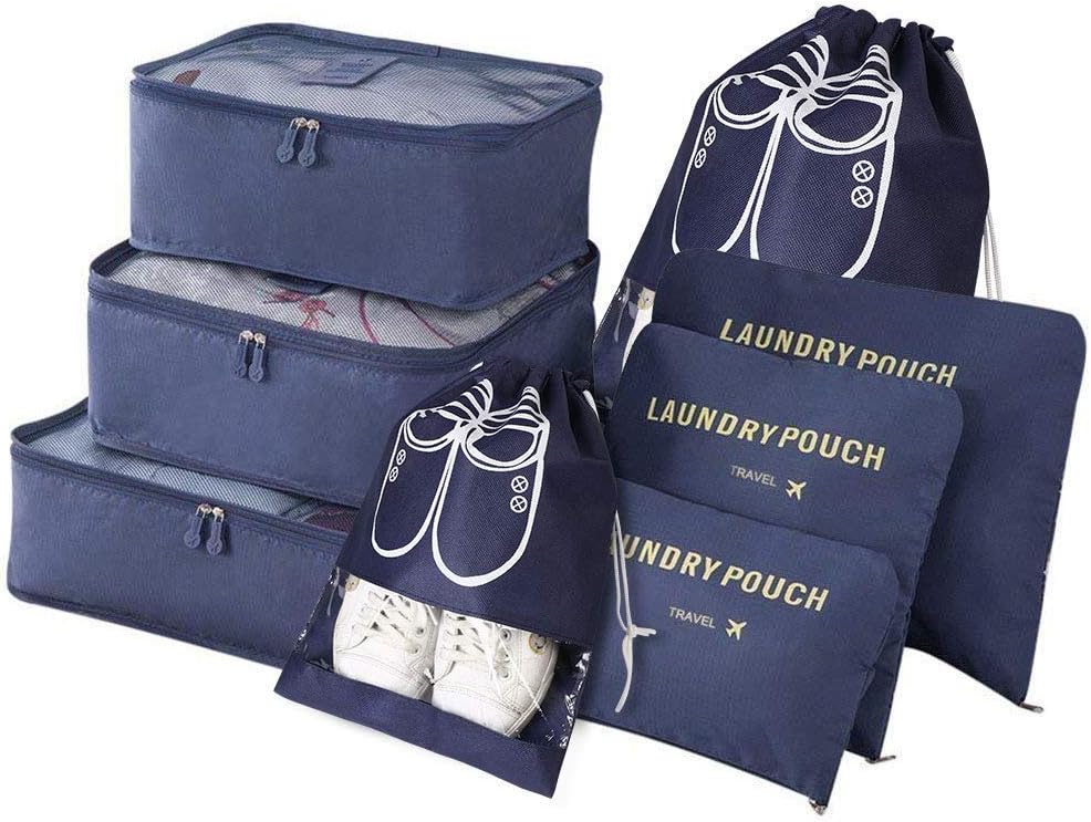 Packing Cubes, 8 PCS Travel Organiser Bags Luggage Organizers with Shoe Bag for Clothes Suitcase Shoes (Blue)