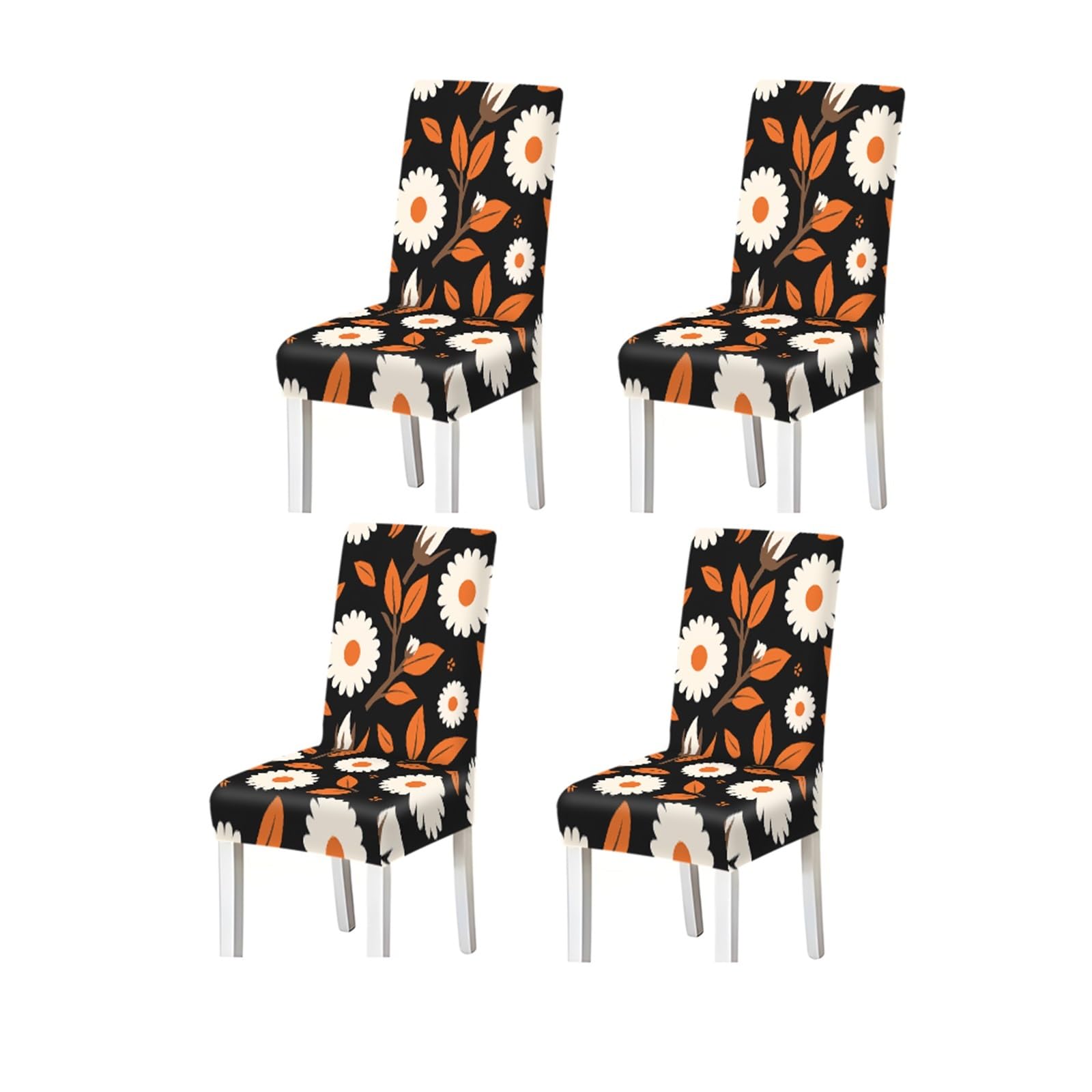 BOSUYBN Black White Orange Daisy Floral Print Dining Chair Covers Set Of 2/4/6, Stretch Slipcovers For Kitchen Dining Room Furniture Protectors for Home Dining Room(4PCSChair cover)