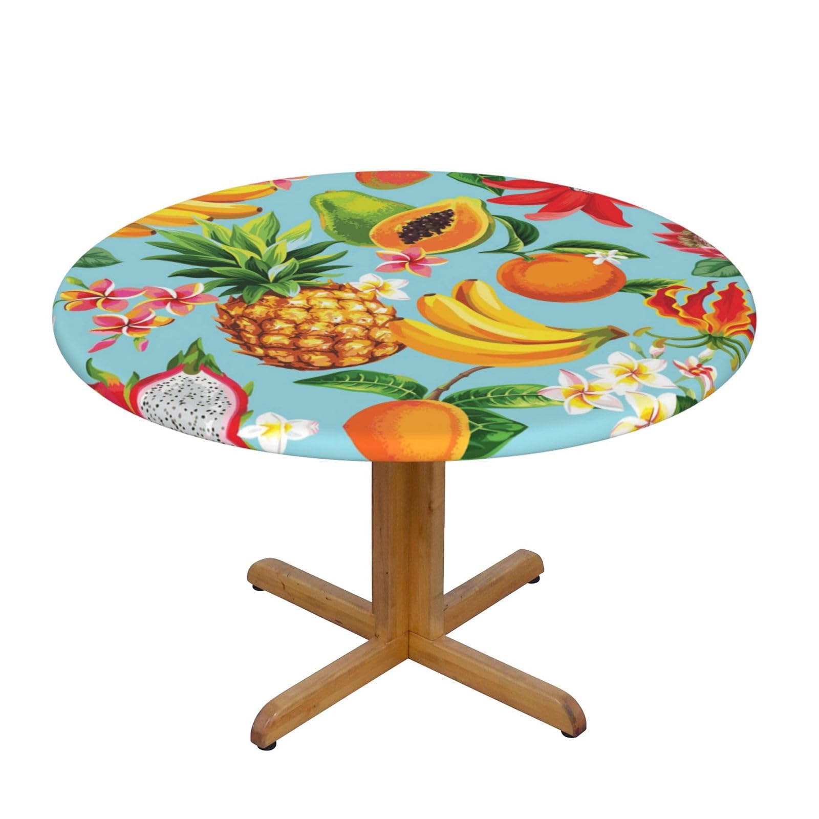 ESNAIUVCD Tropical Fruits and Flowers print Waterproof Round Tablecloth,Outdoor Table Cloth with Elastic Edged, Elastic Tablecloth Wipeable, Garden Table Cloth Suitable for sizes 90cm-140cm
