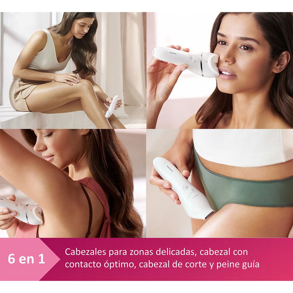 Philips depiladora serie 8000, sin cable en seco y húmedo para piernas y cuerpo, dispositivo de depilación para mujeres, con cabezales para zonas delicadas y de contacto óptimo, modelo BRE700/00