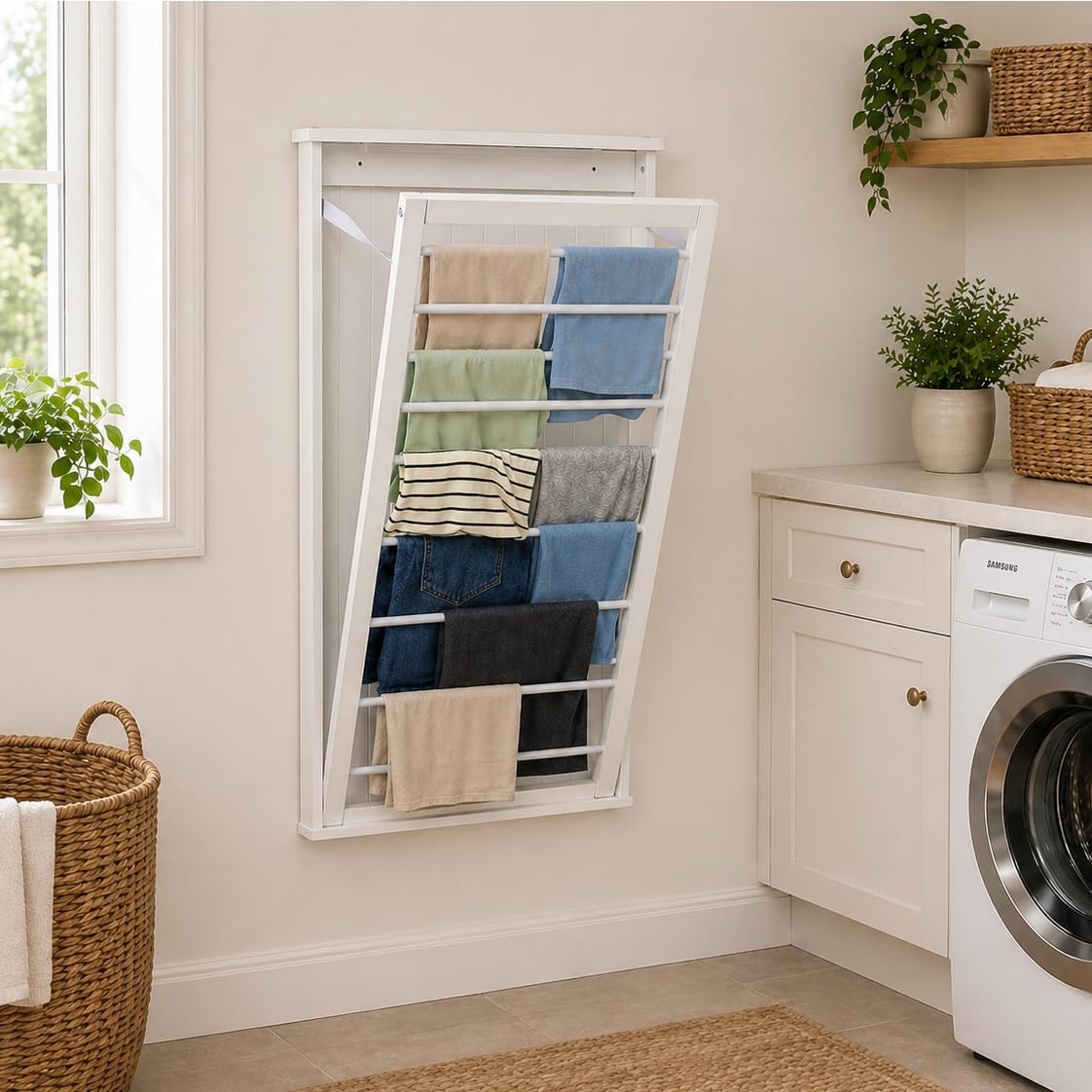 Honey-Can-Do Wall-Mounted Wooden Clothes Drying Rack with Drying Rod, Foldable Space-Saving Laundry Rack, Holds 30 lbs, Stylish White MDF Design for Laundry Room Bathroom, 23"W x 42"H