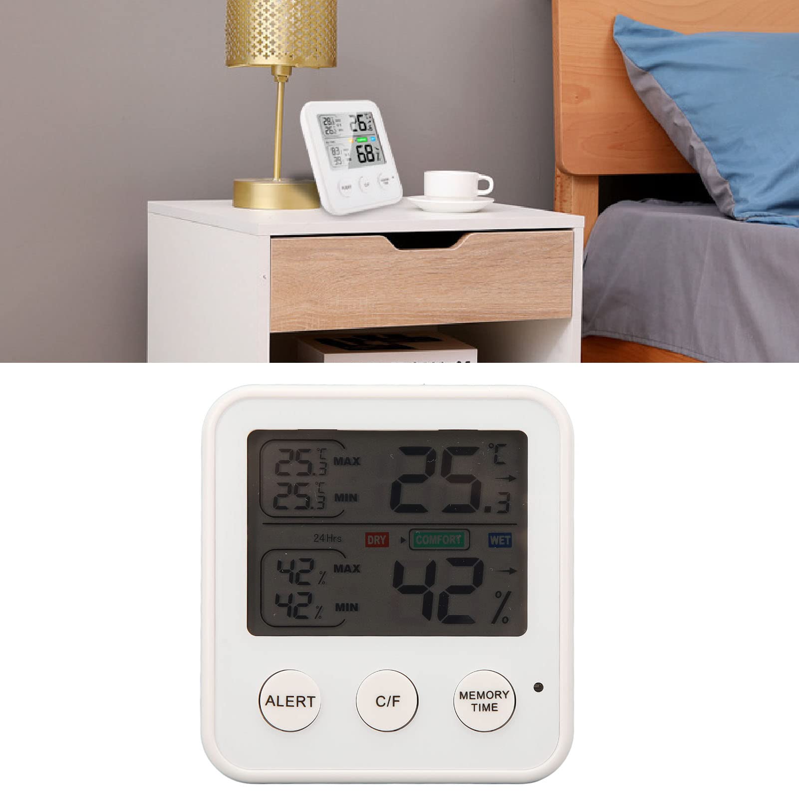 Natudeco LCD Thermometer Hygrometer Temperature Humidity Gauge Digital Humidity Monitor with 45° Support Frame for Living Room Bedroom Office (White)