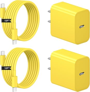 iPhone 17 16 15 Charger Fast Charging 2+2Pack 20W USB C Wall Charger with Extra Long 10FT Fast Charging Cable Compatible with iPhone 17/17 Air/17 Pro/17 Pro Max/iPhone 16/15 Series, iPad Pro -Yellow