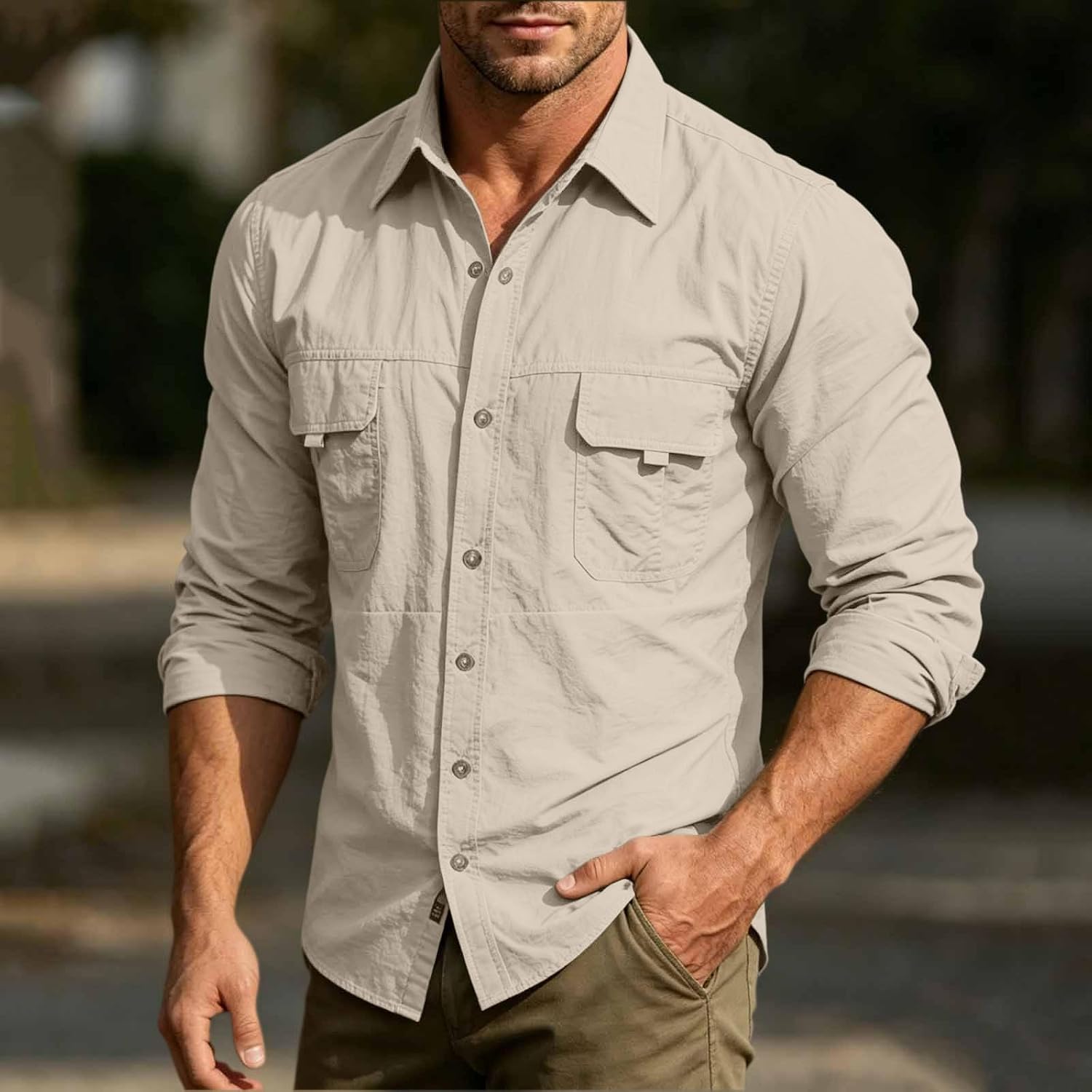 Mens Quick Dry Tactical Shirt Long Sleeve Button Down Collared Work Shirts Active Outdoor Fishing Tops with Pockets