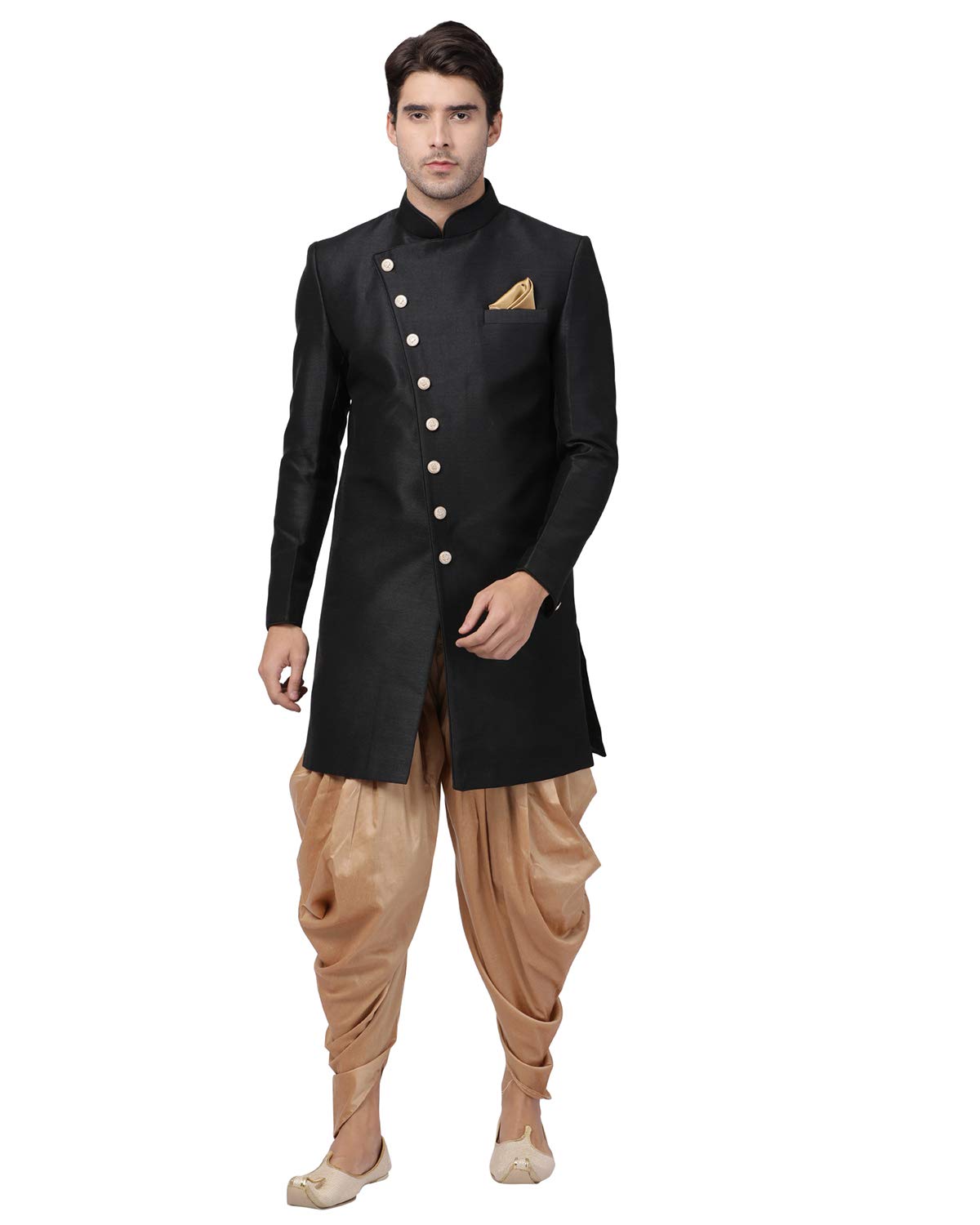 VASTRAMAY Men’s Beige Silk Blend Sherwani Set VASTRAMAY Men’s Beige Silk Blend Sherwani Set