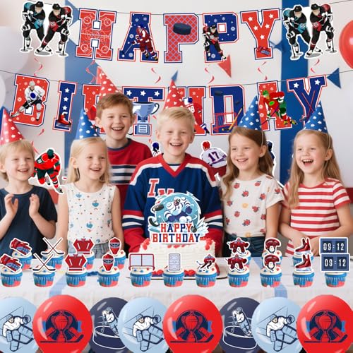 Image of Hockey Birthday Decoration Set, Ice Hockey Sport Happy Birthday Banner, Party Supplies with Banner, Hanging Swirl, Balloon, Cake Topper, Cupcake Topper
