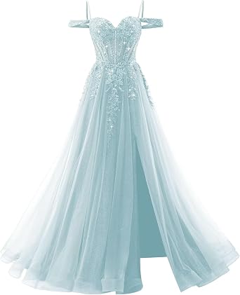 Sparkly Tulle Prom Ball Gown 2026 Off Shoulder Prom Dress for Women Lace Appliques Corset Formal Evening Dress with Slit