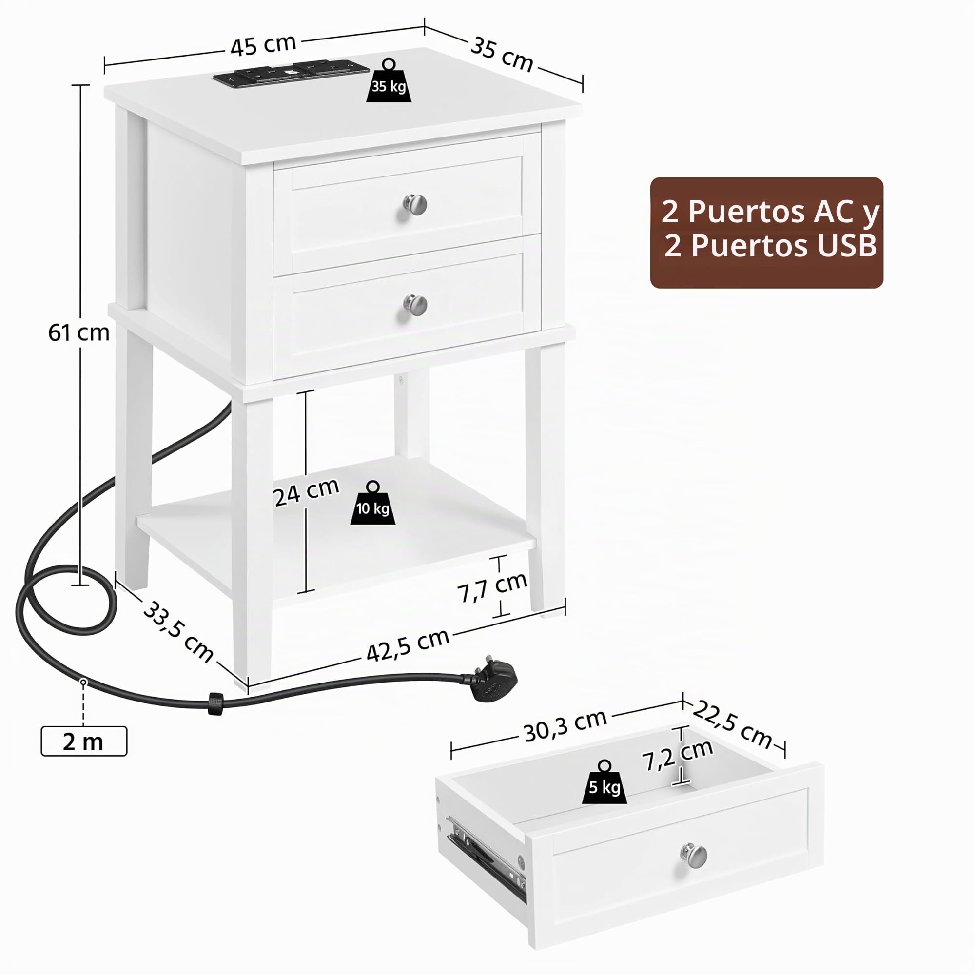 Yaheetech Mesita de Noche con Estación de Carga USB Mesilla de Noche con 2 Cajones y 1 Estante Mesas Auxiliar Blanco 45x35x61 cm para Cama Dormitorio Sala de Estar