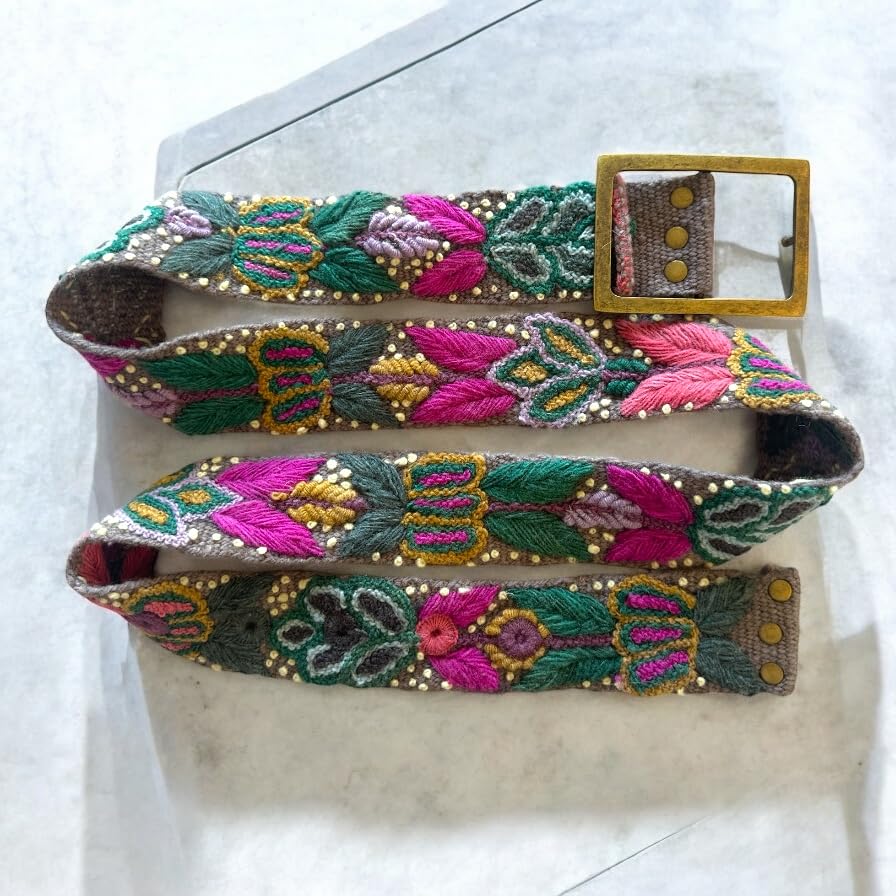 Peruvian Embroidered Flower Wool Belt, Hand Embroidered - "Andina Jeweled Belt" -4